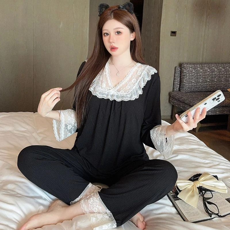 

2025 Spring Long Sleeve Modal Sexy Lace V-neck Lingerie Pajama Sets for Women Cute Sleepwear Pijama Mujer Homewear Home Clothes