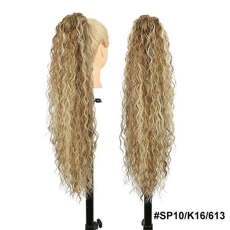 Blonde synthetische paardenstaart, lang golvend gevlochten paardenstaart haarstukje op clip, ombre zwartbruine haarextensies, paardenstaart voor dames