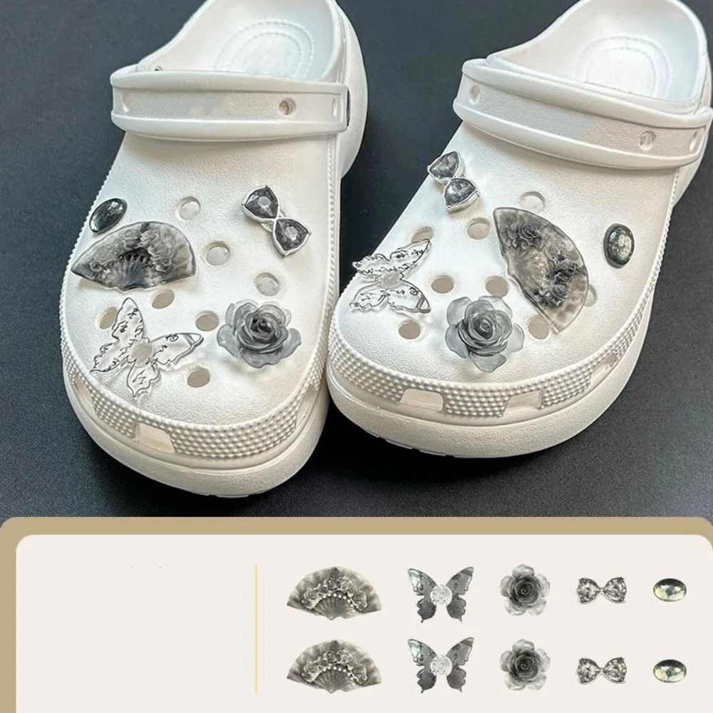 Creative Chinese Ink Wash Style Hole Shoe Charms Decorations Butterfly Fan Shoes Buckle DIY 3D Hole Shoe Accessories