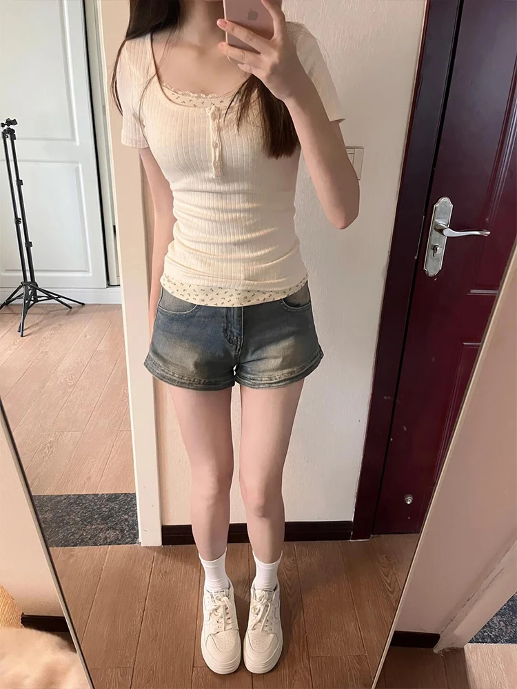 

Джинсовые орты с высокой талией. Женские осенние брюки с высокой талией Micro plus Size Boting Super ort. Уличная одежда. Облегающие шорты.