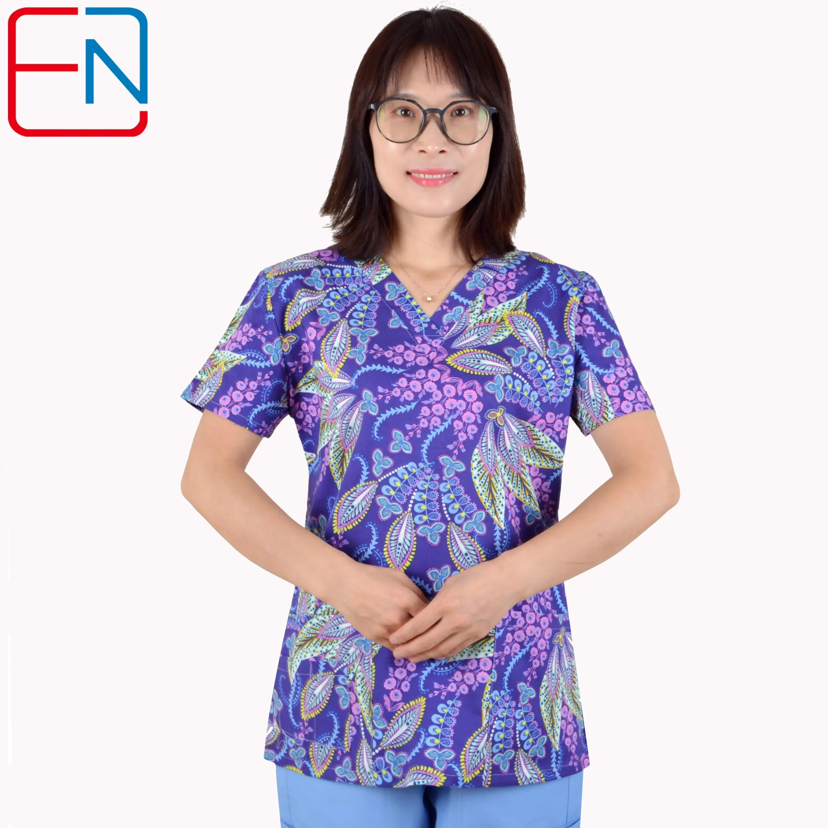 Hennar Print Scrub UniformFor Women In 100% Cotton 4 pockets,XXS-5XL Medical Scrub Tops