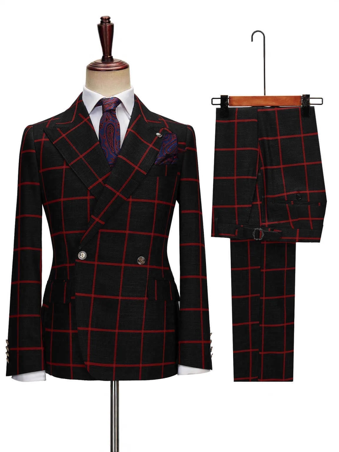 

Graceful Men's Slim-Fit Double Breasted Checkered Casual Suit,High Quality 2-piece Men's Suit ( Blazer+Pants ) Party Gowns