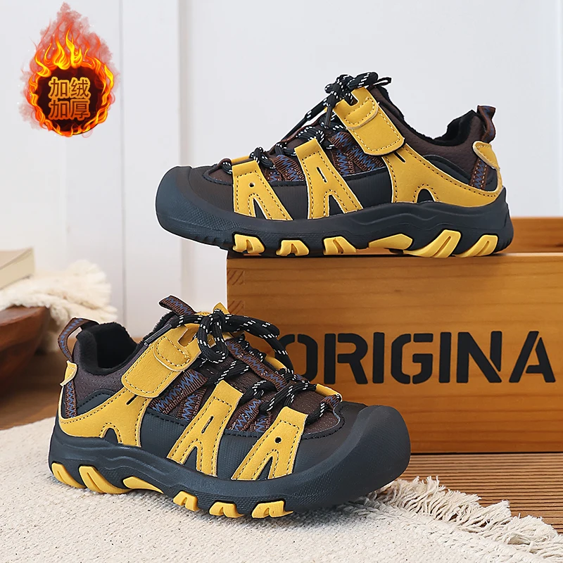 Kids Fleece Lined Hiking Shoes Boys Winter Warm Non Slip Trekking Boots Plush Children Outdoor Walking Sneakers for Boy