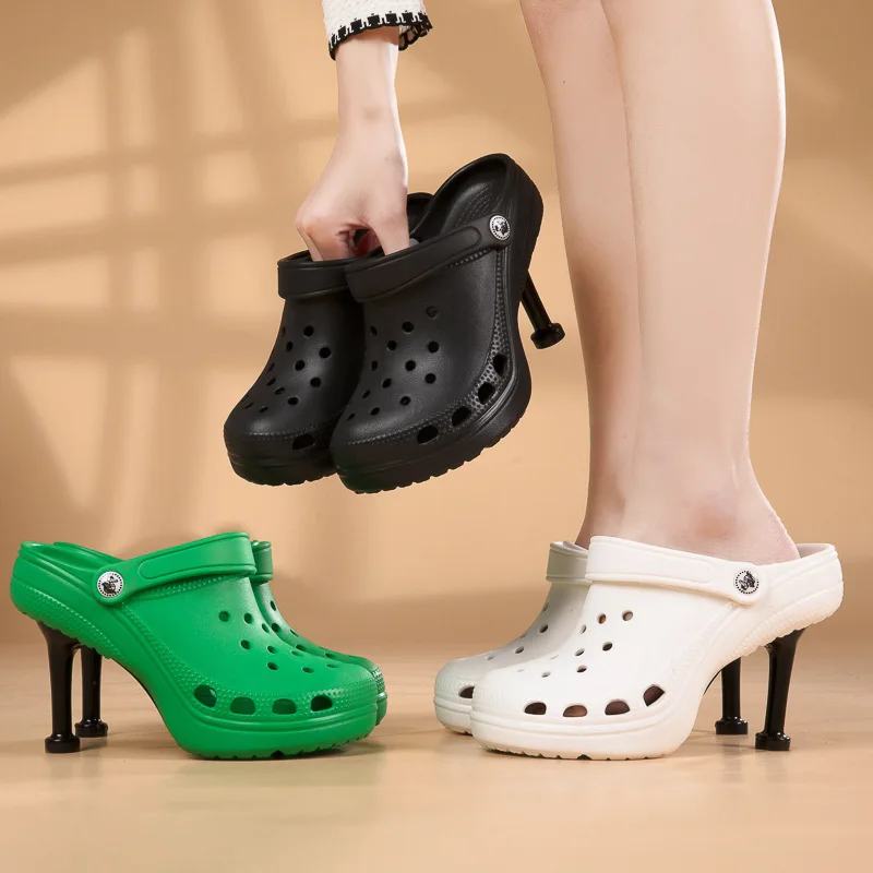 

High-heeled Ladies Slipper Hole Shoes 2022 Summer Two-wear High-heeled Shoes Heightened Slipper Sandals Women Shoes