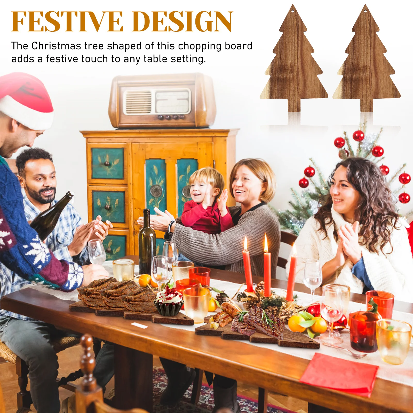 2pcs Christmas Tree Shaped Wooden Cutting Board Round Serving Tray For Kitchen Charcuterie Pizza Fruit Board Decorative