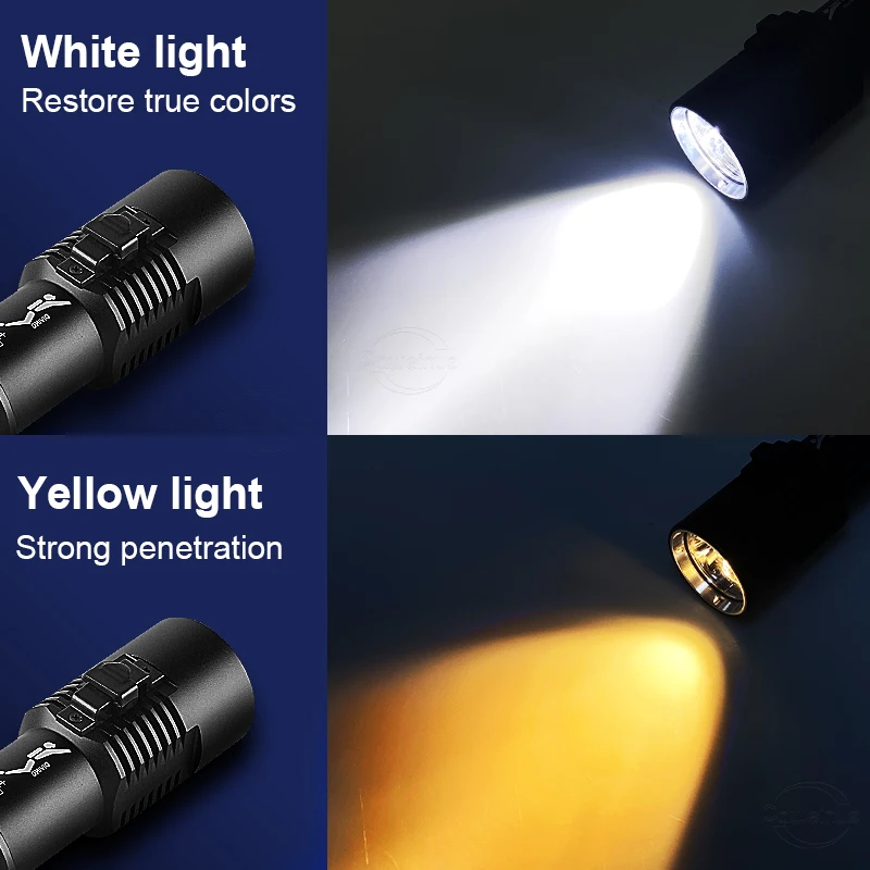 Powerful LED Professional Diving Flashlight High Power Rechargeable LED Dive Lantern Yellow Light Torch For Underwater IPX8