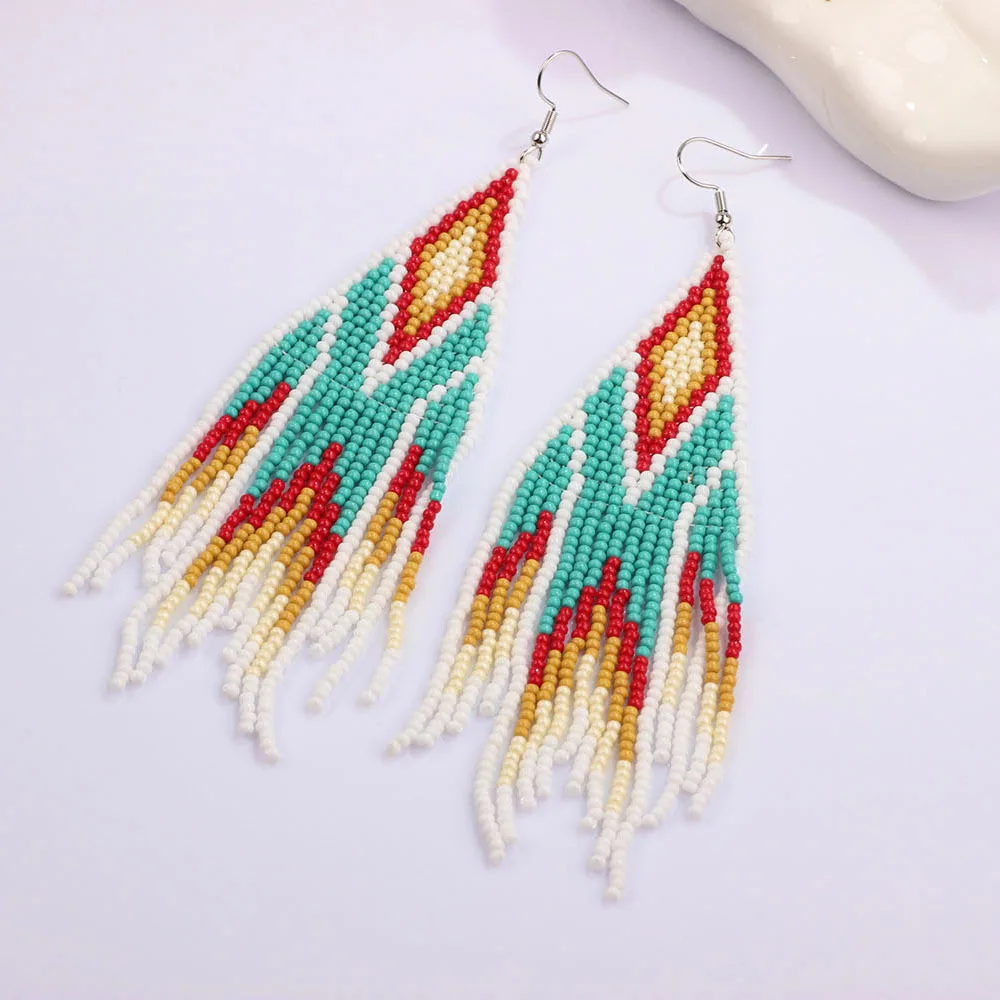 

ZGMXR Серьги из рисовых бусин с кисточками и геометрией Ручное вязание Дизайн Радуга Богемия Сплав Женская мода Простые серьги из бисера