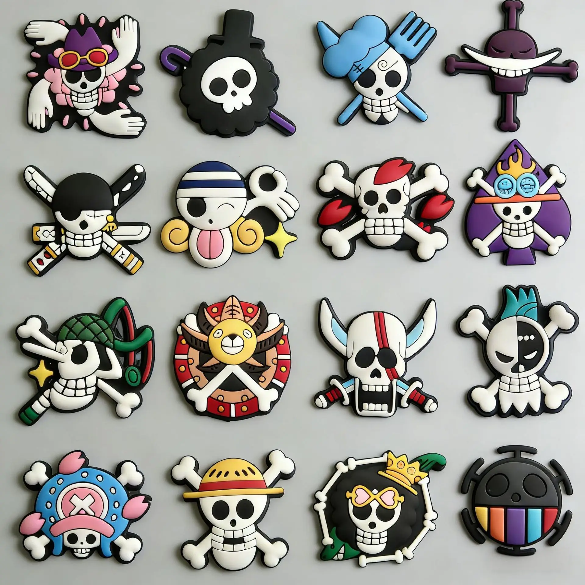 16Pcs Set Cool One Piece Pirate Skull Logo Shoe Charms For Slides Sandals DIY Custom Accessories PVC Ornaments For Clog Shoe Bag