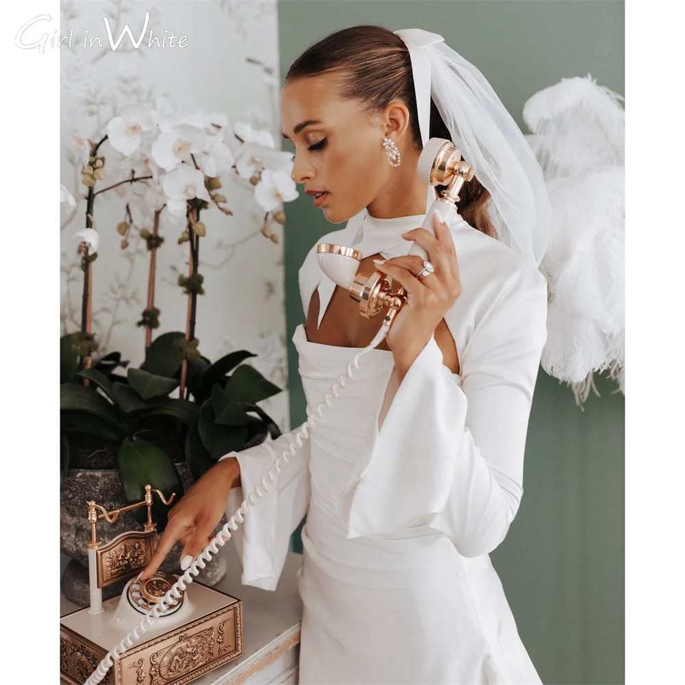 Princesa vestido de casamento curto mini cetim mangas compridas vestido de noiva o pescoço sem costas vestido de noiva personalizado vestidos de novia