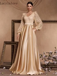 Lucyinlove Luxury Beading Gold V-Neck Sequins Satin Evening Dresses Women Elegant Long Sleeve Wedding Party Prom Cocktail Gowns