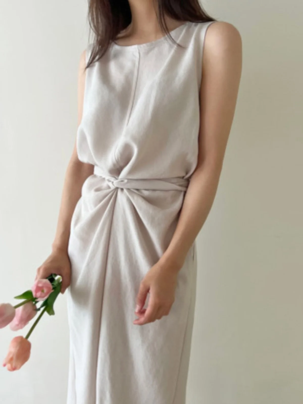 Elegant Black Long Dress Women's Summer Fashion Slimming Cross Waist High Waist A-Line Skirt Korean Style round Neck Dress