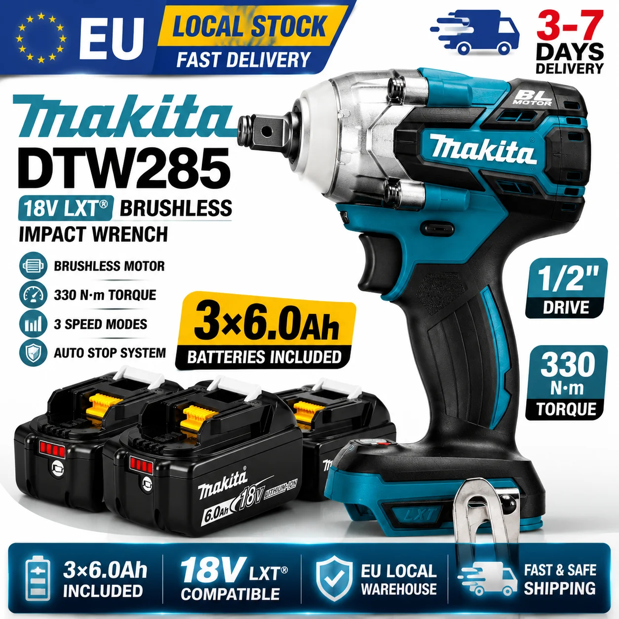 Makita DTW285 18V 320N·m Bürstenloser Schlagschrauber Kabellos 1/2" Elektrowerkzeug mit 6,0Ah Akku-Kit EU-Lager Schnelle Lieferung