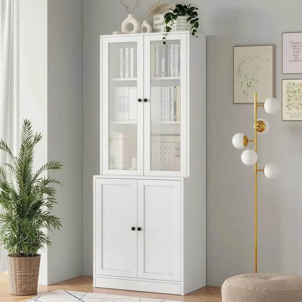 71 Tall 5-Tier Bookshelf with Glass Door Cabinet for Home Office or Living Room, White - view 3