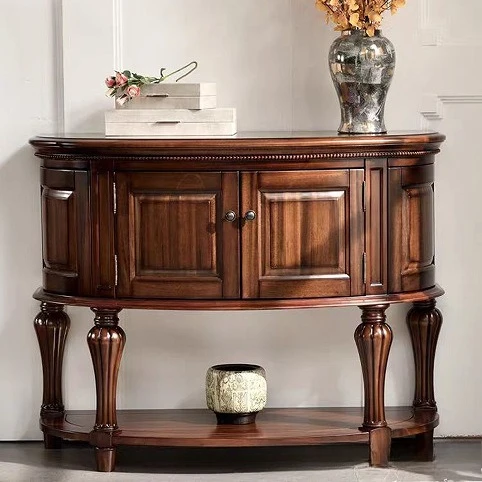 Entrance cabinets, solid wood tables, wall-to-wall semi-circular side cabinets, walnut living room storage counters