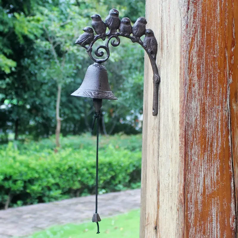 Rustic Cast Iron 6 Bird Doorbell Wall Bell European Rustic Home Garden Decor Wall Mounted Handing Cranking Welcome Door Bell