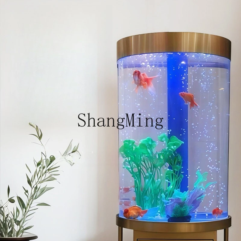 

FG high definition acrylic cylinder block household aquarium round stainless steel base base filter water-free lazy fish tank