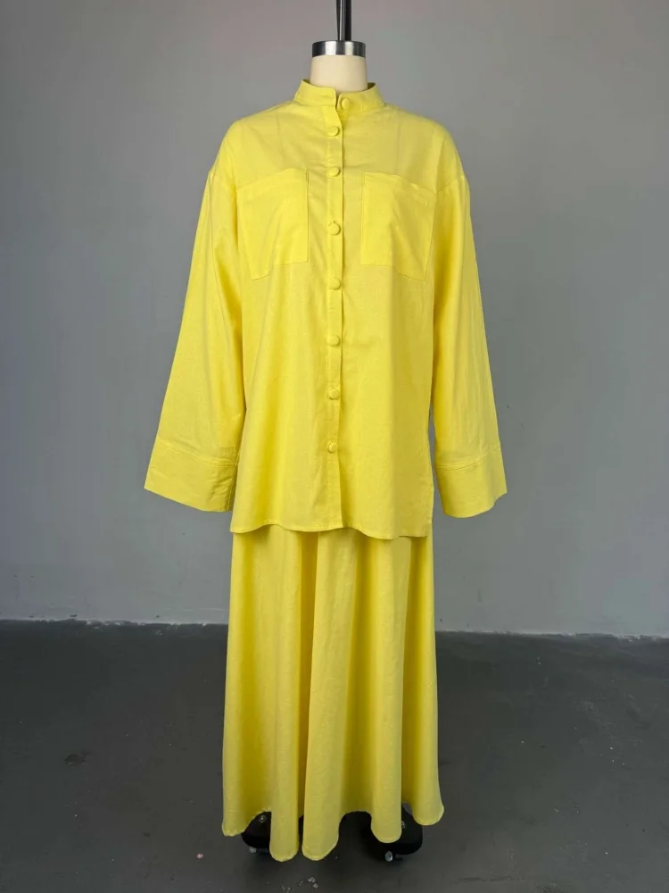 Wmstar Zweiteiliges Set für Damen, Großhandel, Damenbekleidung, 2025, Sommer, neu, lässig, locker, langärmelig, Rock, gelb, modisch