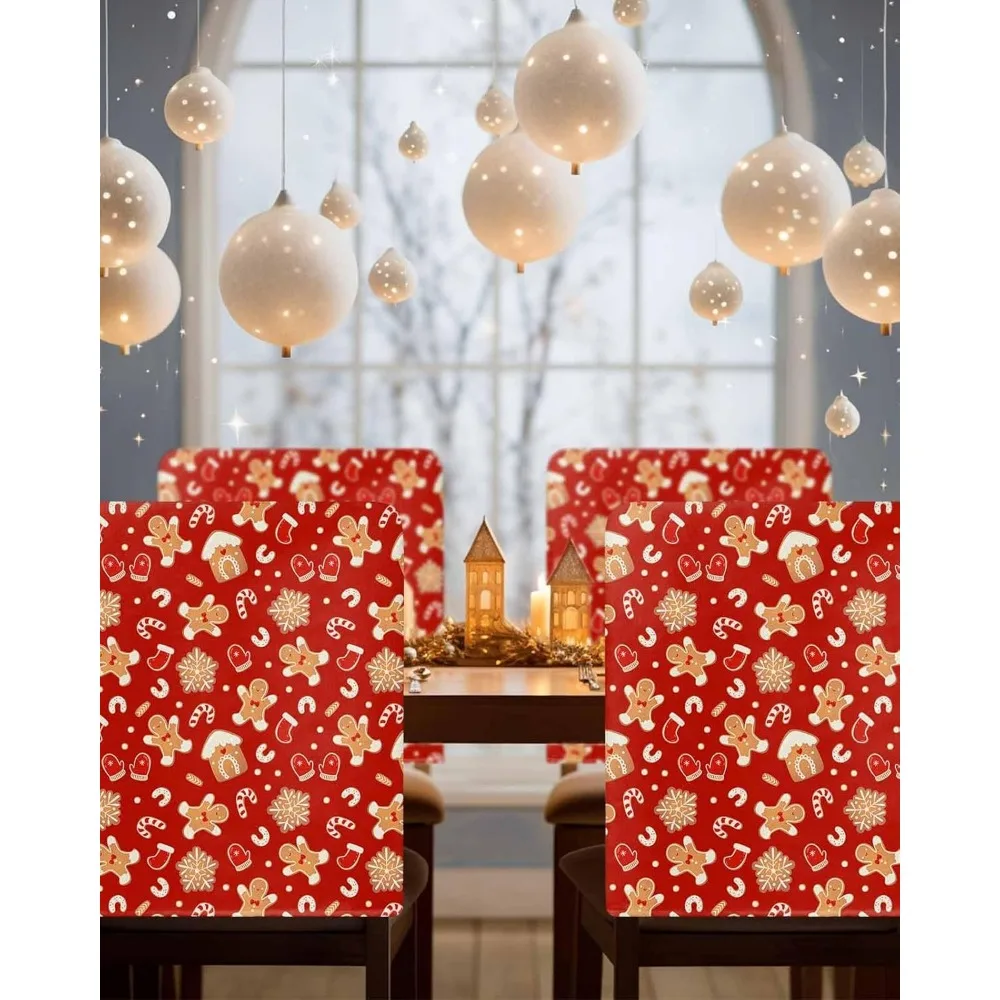 Christmas Chair Back Cover Gingerbread Man Snowflake Dining Chairs Slipcovers Candy Cane Glove Removable Strench Chair Protector