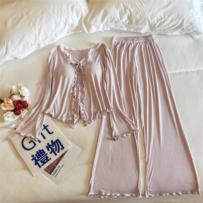 Pijama Feminina New Modal Chest Pad Set 2 Piece Woman Long Sleeve Pajama Sets Casual Korean Sleepwear Pyjamas Femme Home Wear - view 6
