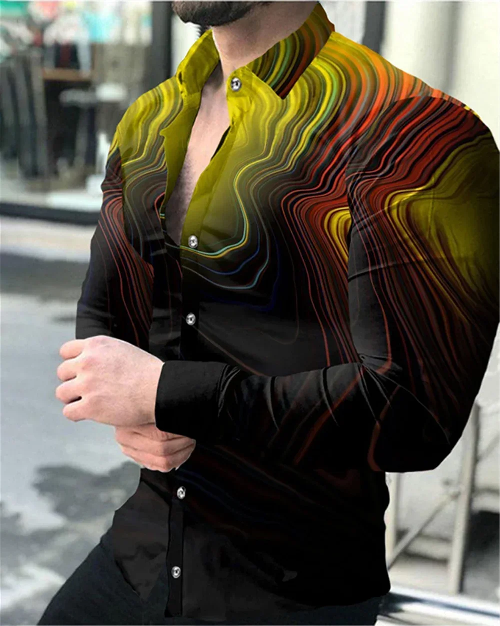 

2023 men's party top luxury social men's lapel button shirt 3D printing long-sleeved shirt casual street designer clothing