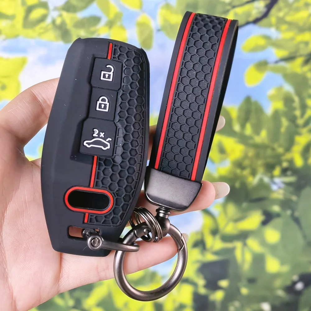 Soft Silicone Car Key Fob Shell With Keychain for Audi A3 A5L Q6 A6L Q5 2025 Style 3‑Button Honeycomb Grain Remote Protector