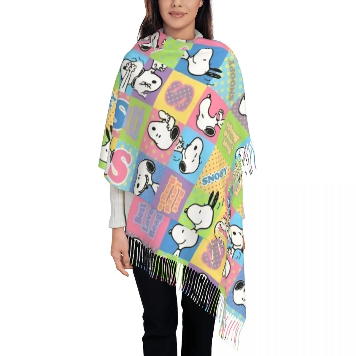 Snoopys Collage Shawls Wraps for Women Warm Large Long Scarf Cartoon Pashmina Tassel Scarves
