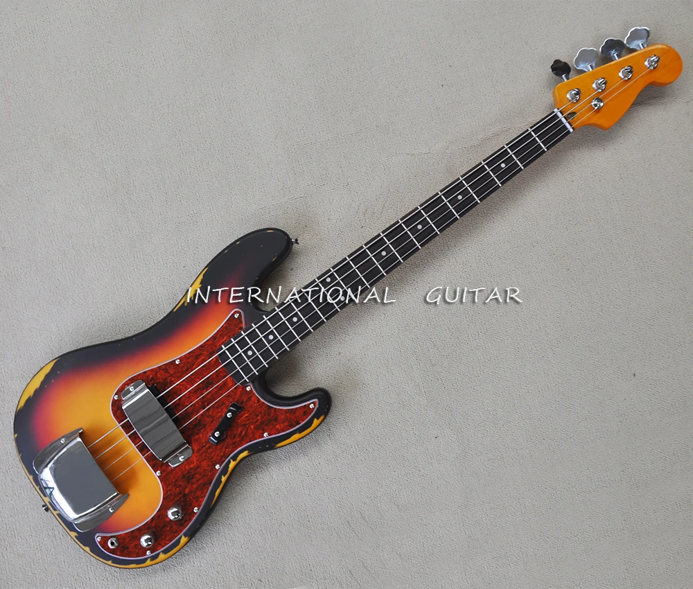 Tobacco Sunburst Relic 4 Strings Electric Bass Guitar with Rosewood Fretboard, Red Pickguard,Customizable