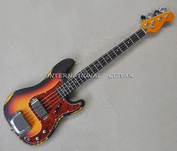 Tobacco Sunburst Relic 4 Strings Electric Bass Guitar with Rosewood Fretboard, Red Pickguard,Customizable