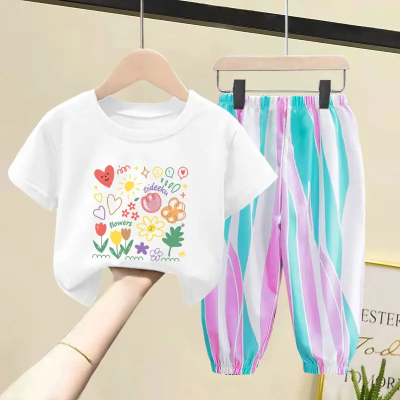 Children\'s Clothing Sets Cartoon Flower Print Short Sleeve Top + Colorful Striped Pants 2pcs Sets Baby Girl Outfit Set