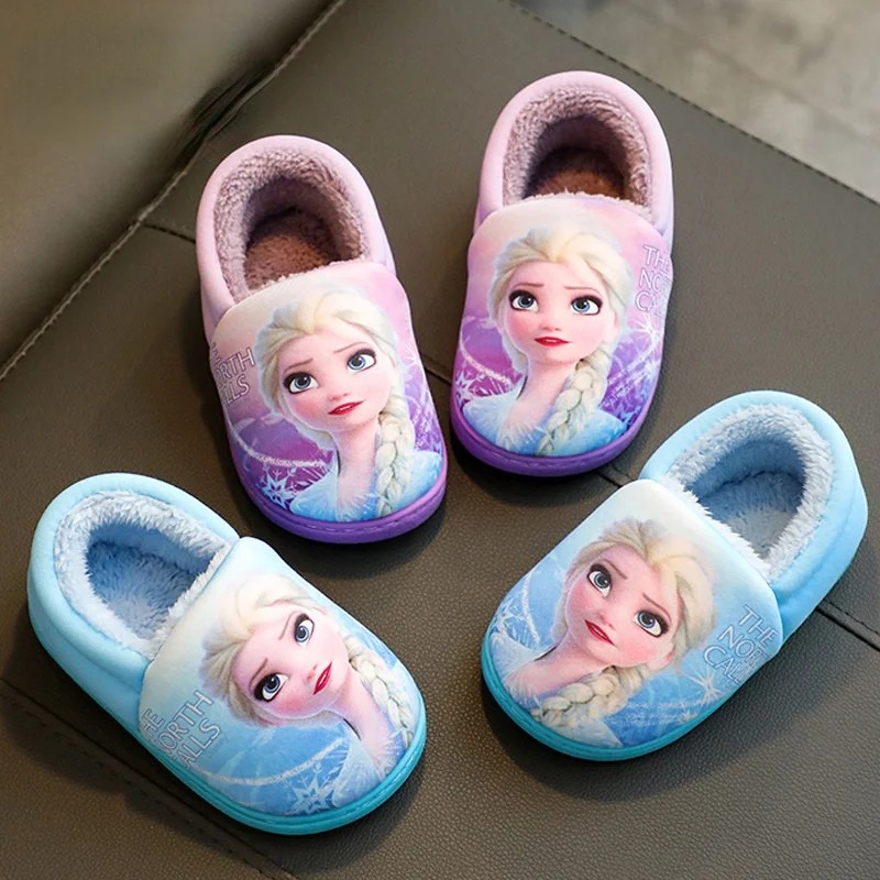 Disney Princess Sofia Elsa Winter Children\'s Cotton Slippers Girl\'s Parent-child Snow Non Slip Warm Baby Slippers Size 24-39