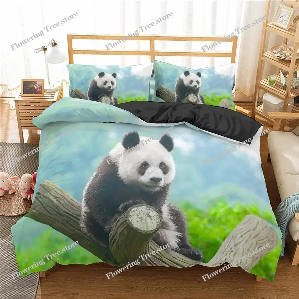 Panda Duvet Cover Set King Queen Cute Animal Different Poses Bamboo Branch Bedding Set Black White Polyester Quilt Cover
