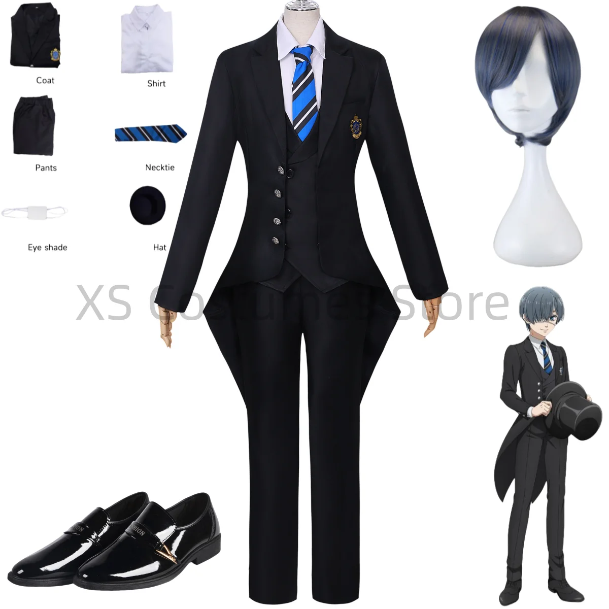 

Anime Ciel Phantomhive Smile Cosplay Costume Black Butler Public School Arc Prop Accessories Wig Shoes Uniform Set