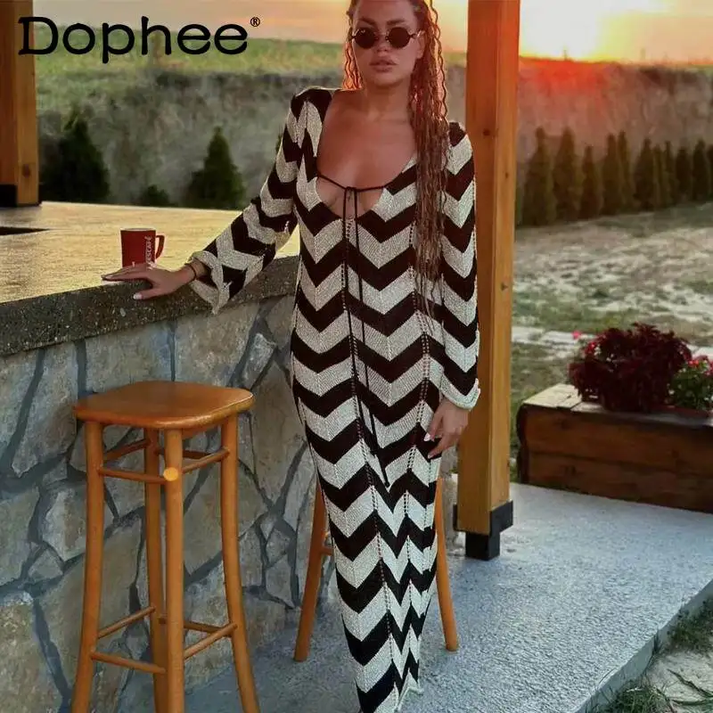 

2026 Spring and Autumn New Women's French Style Ins Long Sleeve Vintage Striped Tie Knit Long Dress