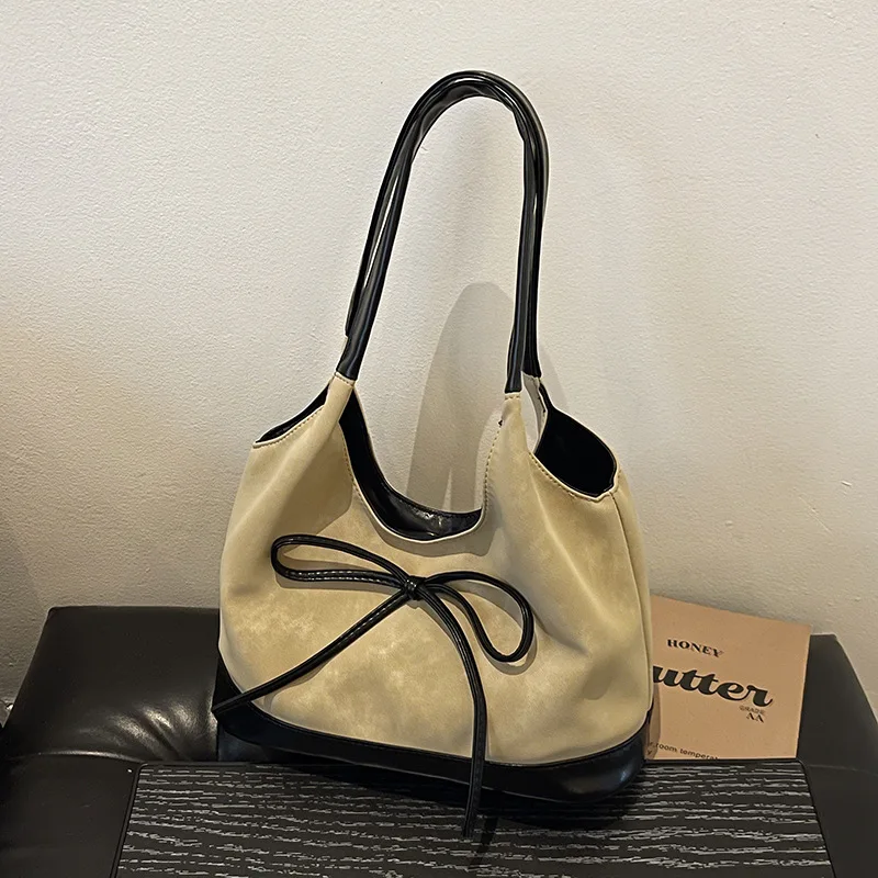 

2025 Fall Vintage Bow Shoulder Bag for Women Large Capacity Underarm Purse Retro Elegant Casual Bag Spacious Bucket Bag