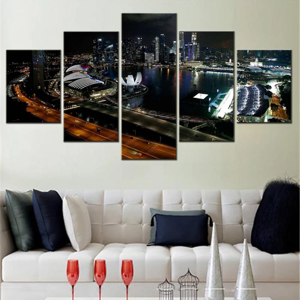 5 Pieces Canvas Painting Skyscraper Architecture Singapore Landscape Print For Living Room Wall Decor Pictures Home Poster