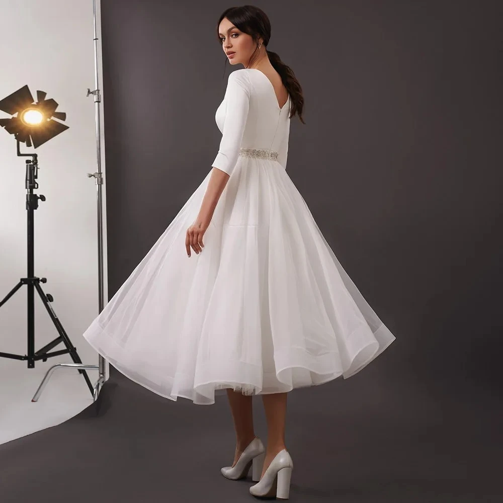 Customized Short Wedding Dress O Neck 3/4 Sleeves A Line Midi Wedding Gowns White Tulle Tea Length Beaded Simple Bridal Dresses