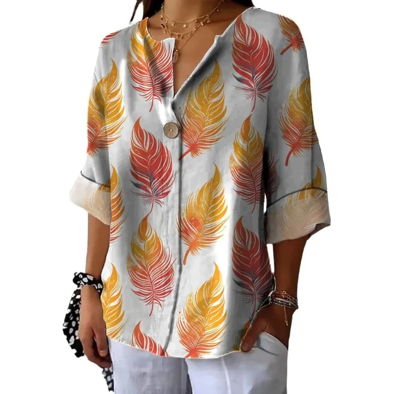 

2025 Women's Summer Fall Casual Shirt Fashion Print Harajuku Top Women's 3/4 Sleeve Streetwear Floral Pattern Fashion Shirt