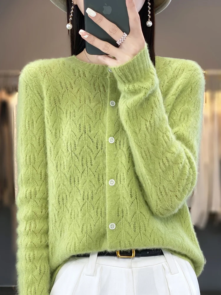 Autumn Winter 100% Merino Wool Women’s Cardigan Hollow O-neck Cashmere Knitted Sweater Female Clothing Basic Korean Fashion Tops