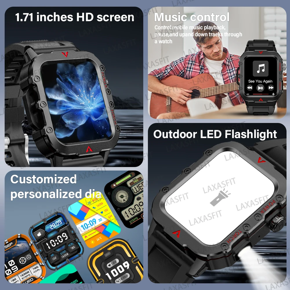 LAXASFIT 2024 Outdoor Militair Heren Smart Watch Bluetooth Talk Sport Hartslagmeter Smart Watch Android IOS