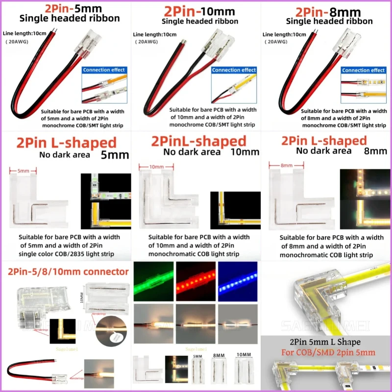 2Pin 5/8/10mm SMD Cob H/L-Shape Connector Led Strip Solderless Corner Easy Connect Universal Connectors for COB RGB Strip Lights