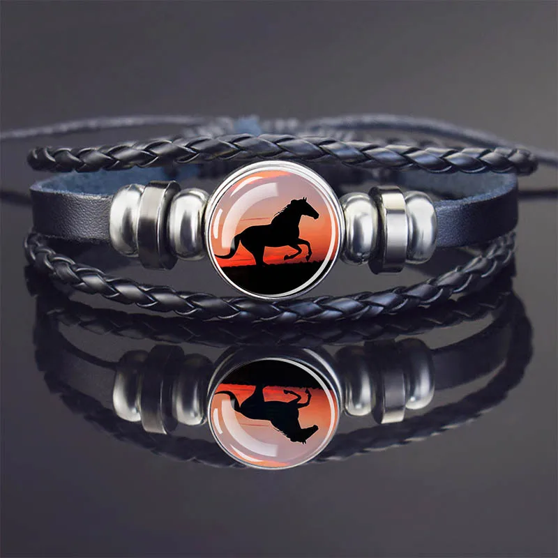 Horse Black Leather Bracelet Glass Cabochon Fashion Men Women Punk Bracelet Jewelry Accessories Horse and Animal Lovers Gifts