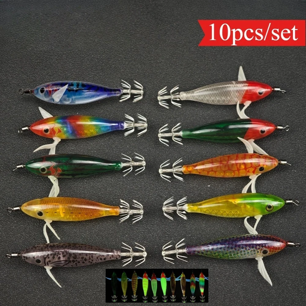 

10pcs/set 8cm/ 5.7g Shrimp Fishing Lures Luminous Squid Jig Hook Sea Fishing Accessories Artificial Bait Octopus Lure