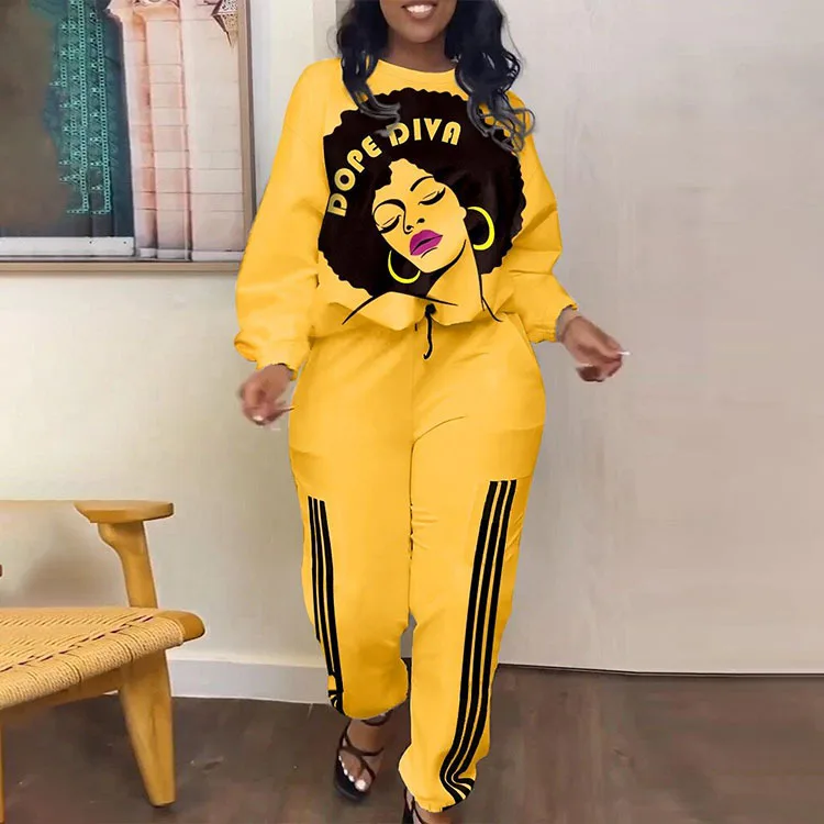Casual Loose Print T Shirt With Pant Two Piece Set Women Fashion O-neck Long Sleeve T Shirt Suit Autumn Winter Sweatshirt Sets