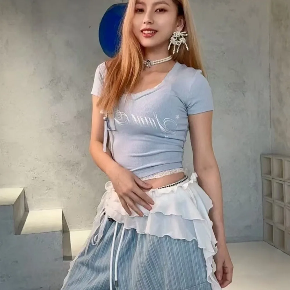 

Jeans Pants Decor Irregular Lace Mini Skirt Y2K Streetwear Harajuku Ruched Skirts High Waist Lace-up Design Butt Curtain