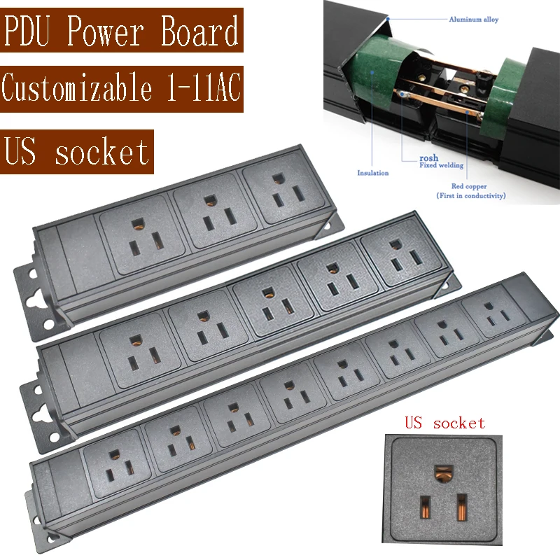 High-Power PDU Power Board with Aluminum Alloy Shell US Socket C14 Port 1-11AC No Extension Cord Included