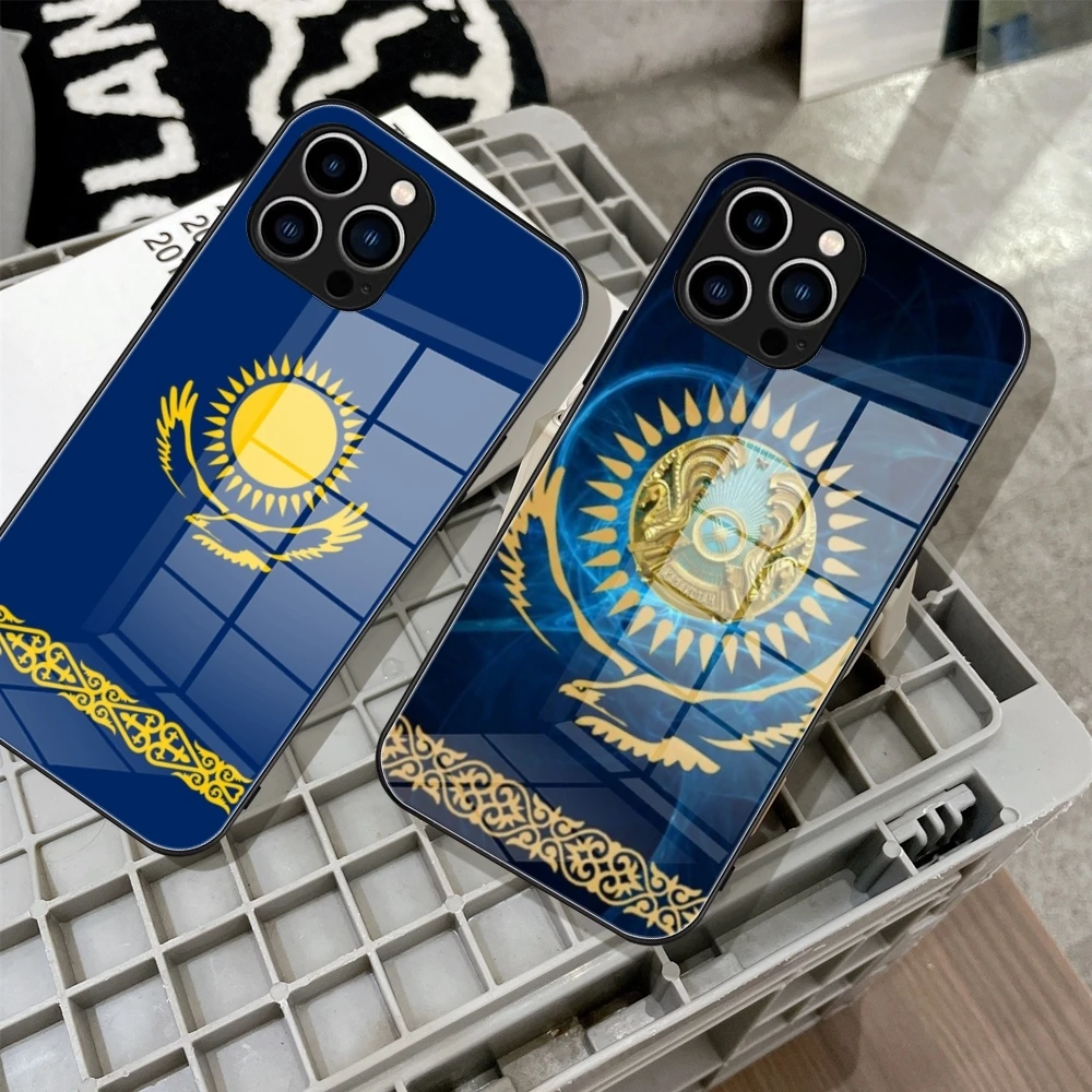 

Kazakhstan flag Glass phone case For iPhone 16 Promax 15 Pro 14 Plus 13 Pro 12 mini Samsung S24 S23 A55 Black Covers