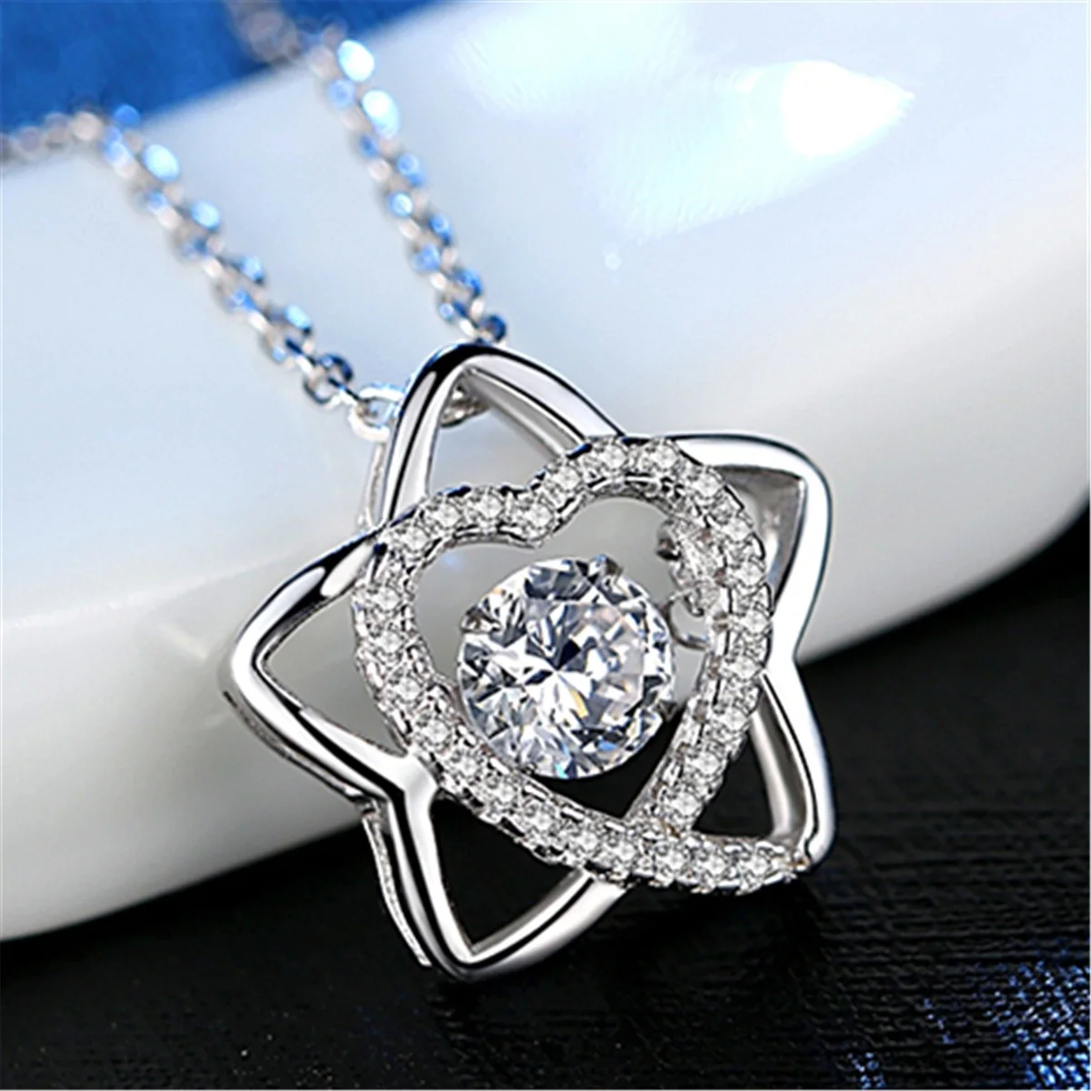 Silver Hexagram Star of David Heart Pendant Necklace CZ Rhinestone lucky Love  Choker Mother Day Jewelry Mom Women Girls