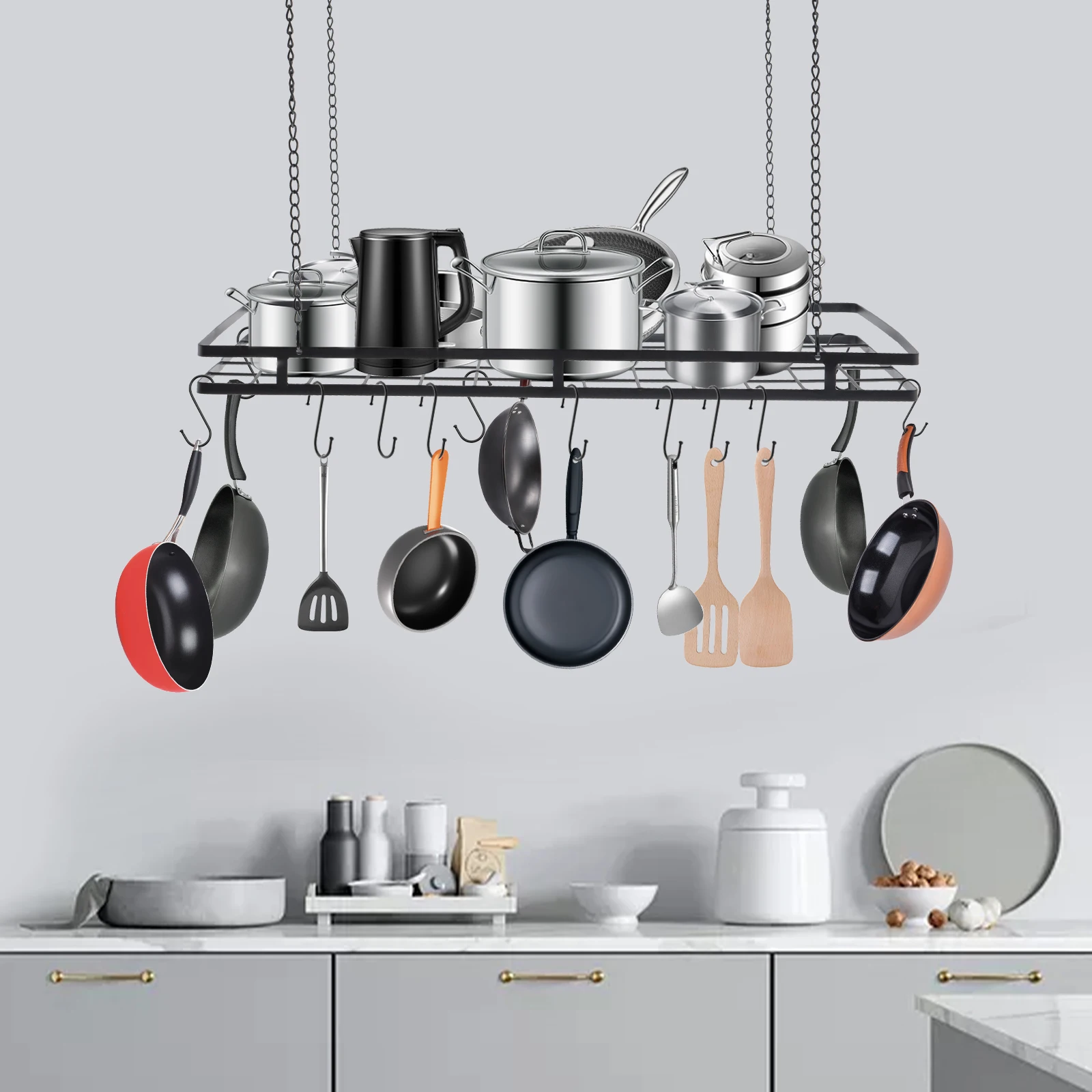 Ceiling Pot Rack and Pan Rack for Ceiling with 12 Hooks Storage Rack Multi-Purpose Organizer Kitchen Storage 80*40*5cm