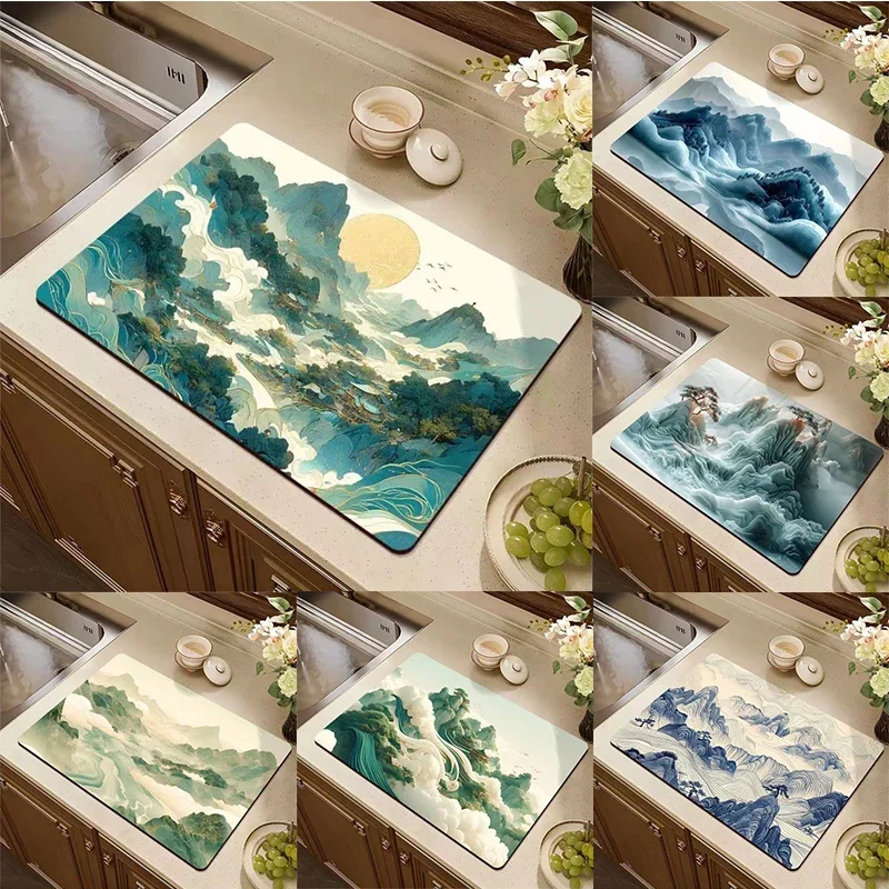 Chinese Landscape Drying Dish Mat  Kitchen Tableware Coffee Draining Pad Cup Bottle Placemat Super Absorbent Coffee Mats