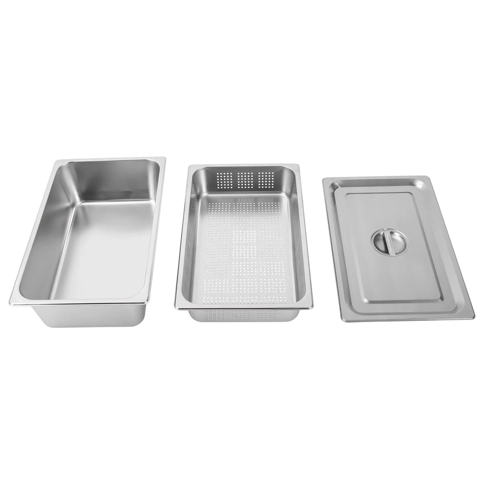 

Dynami Set of 3 Full Size Hotel Pans with Lid, 4-Inch Deep Anti-Jam Perforated Stainless Steel Steam Table Pan, 6-Inch Deep Steam Table Pan